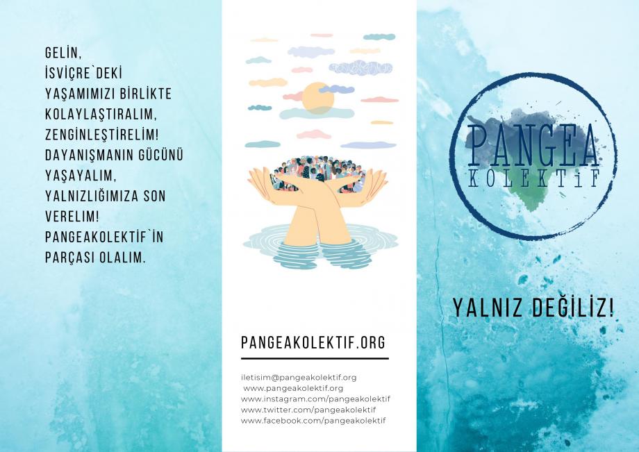 Üzerinde PangeaKolektif logosunun olduğu, Yalnız Değiliz sloganın yazdığı ve iletişim bilgilerinin olduğu broşür kapağı