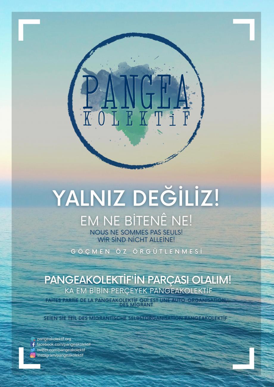 PangeaKolektif logosunun ve Yalniz Degiliz Solganin bir okyanus görselinin üzerine yerleştirilmiş olduğu afiş