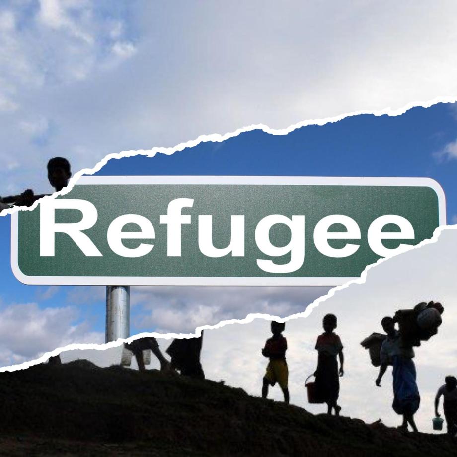 göç eden insan imajı ve refugee yazan bir tabela 