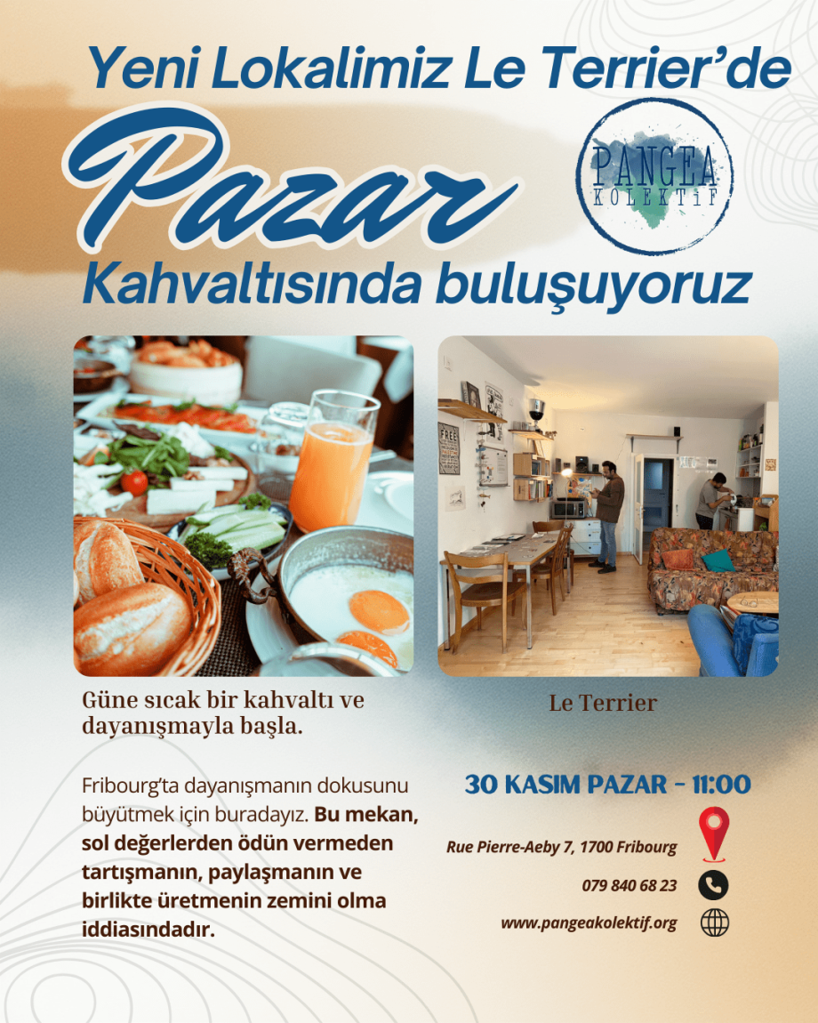 kahvaltı masası ve mekandan bir fotoğrafla birlikte pazar kahvaltısında buluşuyoruz başlıklı afiş