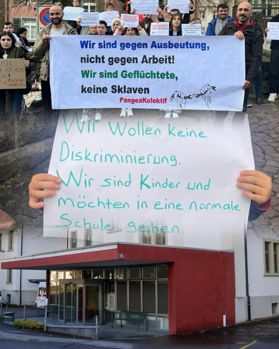 eylemden pankart, bir çocuğun elindeki döviz ve kampın görüntüsü