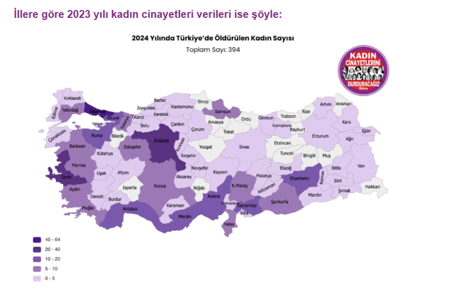 Türkiye haritası üzerinde illere göre 2023 yılı kadın cinayetleri verileri