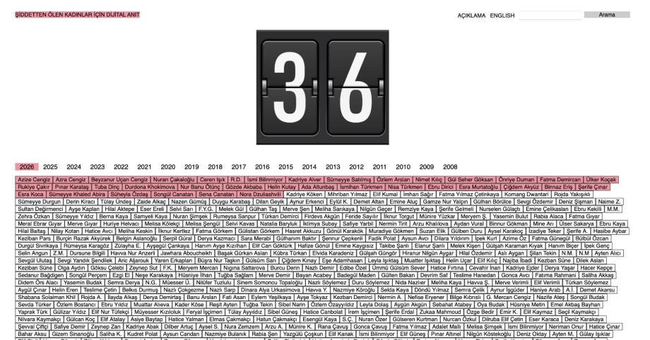erkek şiddetiyle öldürülen kadınların isimlerinin yazıldığı dijital anıt görseli