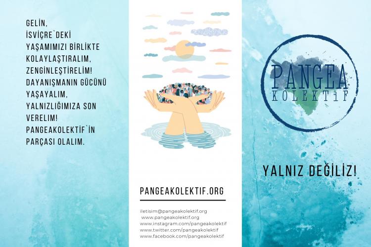 Üzerinde PangeaKolektif logosunun olduğu, Yalnız Değiliz sloganın yazdığı ve iletişim bilgilerinin olduğu broşür kapağı