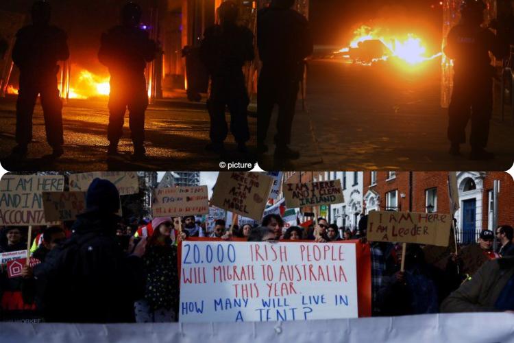 İrlanda'daki şiddet eylemlerinden sokakların ateşe verildiği görüntüler ve göçmen dayanışma eyleminden görüntüler birlikte