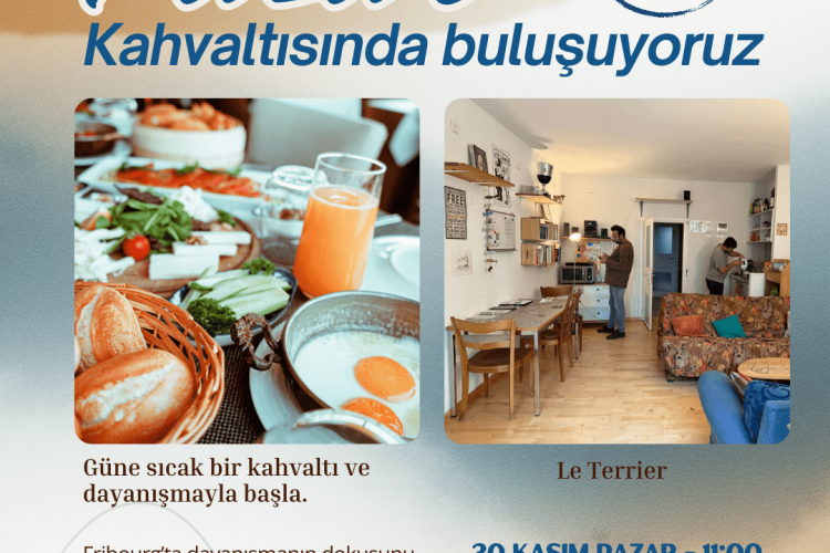 kahvaltı masası ve mekandan bir fotoğrafla birlikte pazar kahvaltısında buluşuyoruz başlıklı afiş