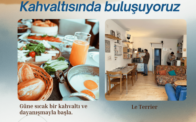 kahvaltı masası ve mekandan bir fotoğrafla birlikte pazar kahvaltısında buluşuyoruz başlıklı afiş