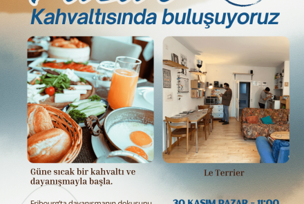 kahvaltı masası ve mekandan bir fotoğrafla birlikte pazar kahvaltısında buluşuyoruz başlıklı afiş