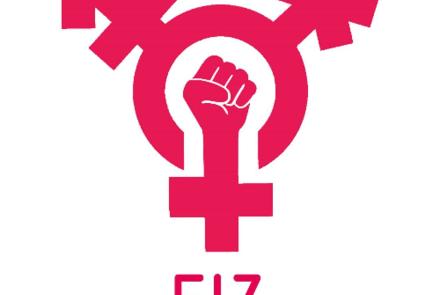 FİZ (Fachstelle Frauenhandel und Frauenmigration) kuruluşu logosu: Üçlü cinsiyet sembolünü (transgender sembolü) merkezine alan ve içinde sıkılmış bir yumruk gösteren pembe-kırmızı simge. Altında 'FİZ' yazısı ve 'Fachstelle Frauenhandel und Frauenmigration' alt başlığı bulunuyor.